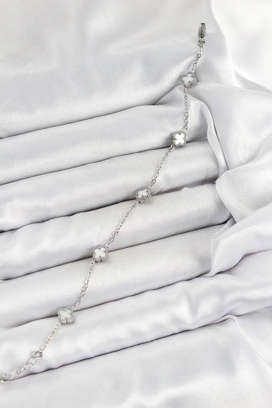 316L Çelik Beyaz Sedef Yonca Model Gümüş Renk Kadın Bileklik - Resim 2