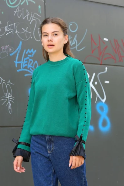 Boncuklu bile detaylı kazak petrol yeşili - Resim 2