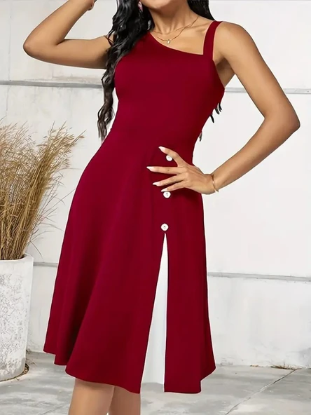 Lucky Life Kadın Tek Omuzu şerit Detaylı Kolsuz Yandan Düğme Detaylı Janjan Krep Elbise - Resim 3