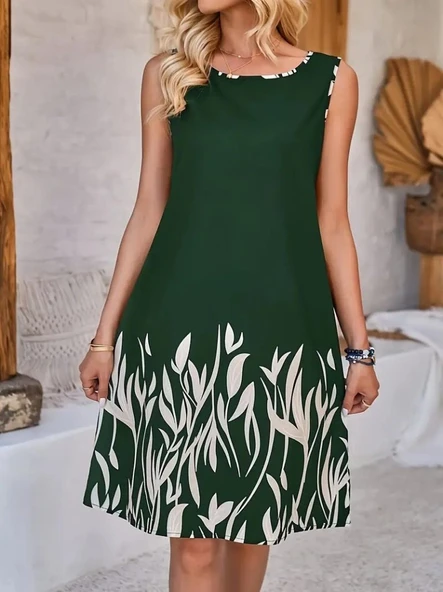 Lucky Life Kadın Askılı Yuvarlak Yakalı Yaprak Desenli Dalgıç Elbise - Resim 5
