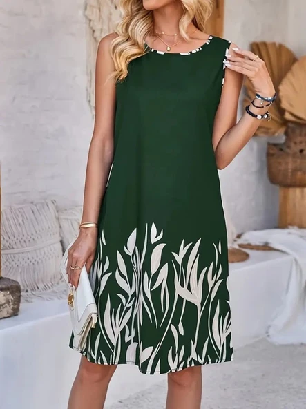 Lucky Life Kadın Askılı Yuvarlak Yakalı Yaprak Desenli Dalgıç Elbise - Resim 3