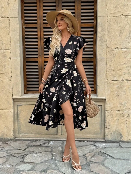 Lucky Life Kadın Kısa Kelebek Kollu Kruvaze Yakalı Belden Kuşaklı Midi Süprem Elbise - Resim 4