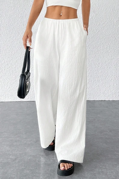 Kadın Beyaz Bol Kesim Cepli Geniş Paça Dökümlü Pantolon - 5