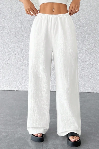 Kadın Beyaz Bol Kesim Cepli Geniş Paça Dökümlü Pantolon - 6
