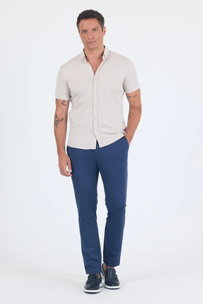 Taş Rengi italyan Düğmeli Yaka Kısa Kol Cepsiz Slim Fit Gömlek 1004250255 - Resim 3