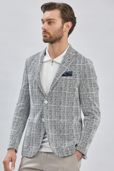 Koyu Lacivert Mono Yaka Ekose Desen 2 Düğmeli 6 Drop Slim Fit Ceket 1002240158 - 3