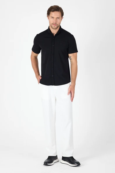 Siyah Kısa Kol Düğmeli Yaka Cepsiz Performans Ürün Slim Fit  Gömlek 1004250256 - Resim 2