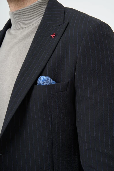 Koyu Lacivert Gofreli Kırlangıç Yaka Likralı 6 Drop Slim Fit Klasik Ceket 1002240111 - Resim 2