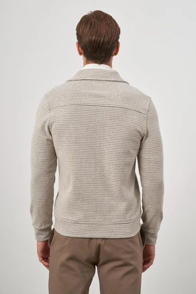 Bej Örme Bebe Yaka Kendinden Desenli Yırtmaçsız Astarsız Slim Fit Classic Mont 1007245158 - Resim 7