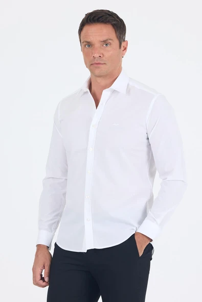 Beyaz Uzun Kol Filafil Desen Filafil Sert Yaka Cepsiz Pamuklu Basic Slim Fit Gömlek 1004250008_600 ürün görseli