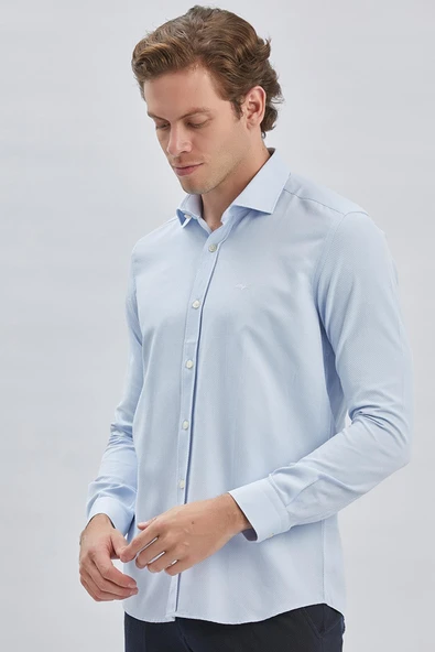 Mavi Uzun Kol Kendinden Desenli Armürlü Yarım İtalyan Yaka Classic Slim Fit Gömlek 1004240250 - Resim 4