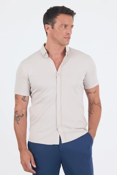 Taş Rengi italyan Düğmeli Yaka Kısa Kol Cepsiz Slim Fit Gömlek 1004250255 ürün görseli