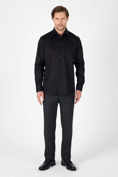 Siyah Sert Yaka Düz Classic %100 Pamuk Comfort Fit Gömlek 1004250323 - Resim 2