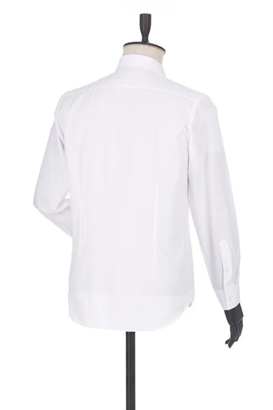 Beyaz Uzun Kollu Filafil Desen Filafil Sert Yaka Cepsiz Pamuklu Basic Slim Gömlek 1004230008 - Resim 3