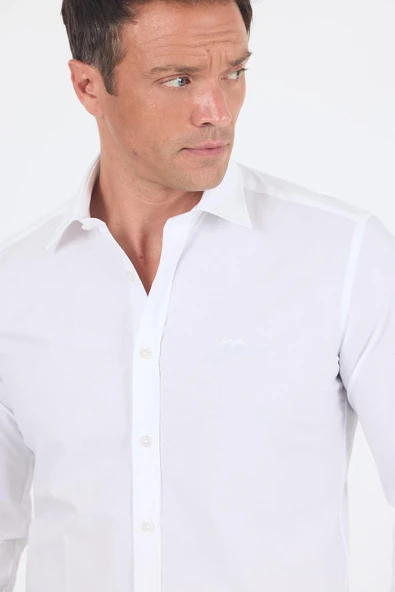 Beyaz Uzun Kol Filafil Desen Filafil Sert Yaka Cepsiz Pamuklu Basic Slim Fit Gömlek 1004250008_600 - Resim 3