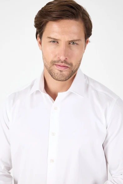 Beyaz Uzun Kol Sert Yaka Cepsiz  Slim Fit %100 Pamuk Gömlek 1004250266 - Resim 3