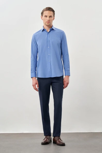 Mavi Uzun Kol Filafil Sert Yaka  Slim Fit Dar Kesim Basic Gömlek 1004210008 - Resim 2