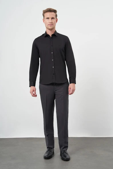 Siyah Uzun Kol Düz Bez Ayağı 032 Sert Yaka Classic Slim Fit Gömlek 1004245324 - Resim 2