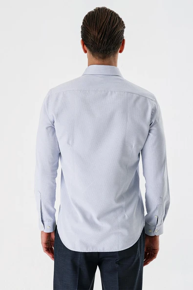 Koyu Lacivert Uzun Kollu Armürlü Cepsiz Pamuklu Slim Fit Gömlek 1004235171 - Resim 5