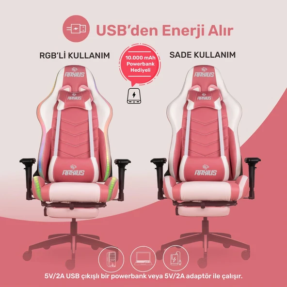 RaXius GC3001PW Masajlı,RGB,4D Kolçaklı,Ayak Destekli Oyuncu Koltuğu, Pembe- Beyaz - 3