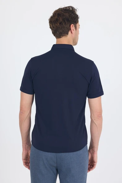 Koyu Lacivert italyan Düğmeli Yaka Kısa Kol Cepsiz Slim Fit Gömlek 1004250255 - Resim 5