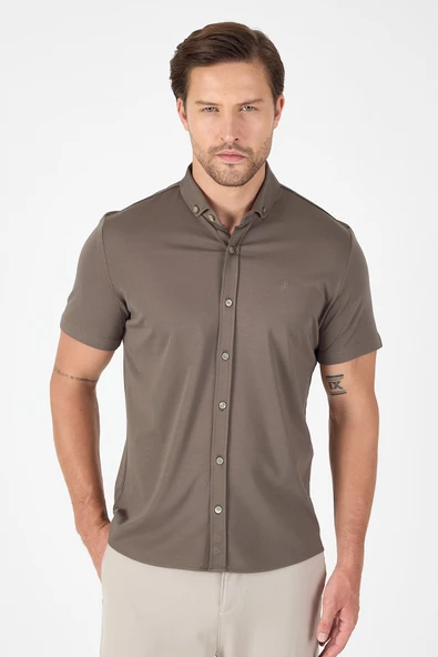 Koyu Haki Kısa Kol Düğmeli Yaka Cepsiz Performans Ürün Slim Fit  Gömlek 1004250256 ürün görseli