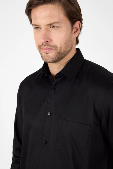 Siyah Sert Yaka Düz Classic %100 Pamuk Comfort Fit Gömlek 1004250323 - Resim 4