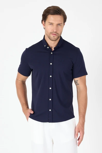 Koyu Lacivert Kısa Kol Düğmeli Yaka Cepsiz Performans Ürün Slim Fit  Gömlek 1004250256 ürün görseli