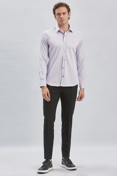 Lila Uzun Kollu Sert Yaka Cepsiz Pamuklu Likralı Klasik Slim Fit Dar Kesim Gömlek 1004240234 - Resim 2