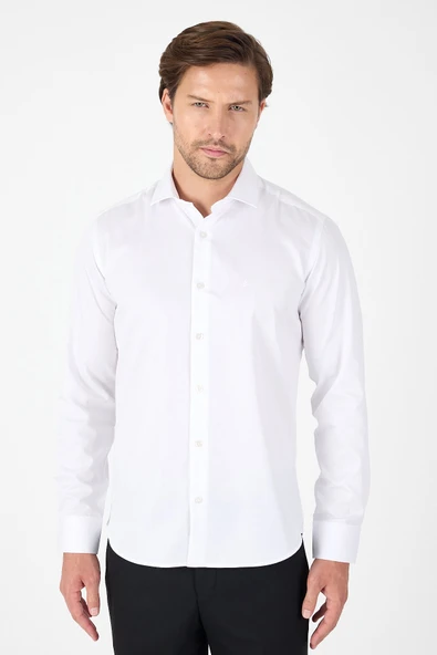 Beyaz Uzun Kol Yarım İtalyan Yaka Cepsiz Non Iron Slim Fit Pamuklu Gömlek 1004250267 - Resim 5
