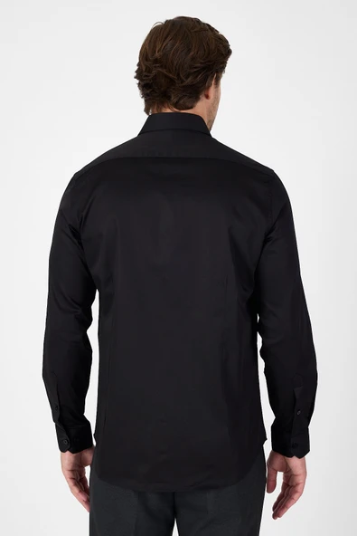 Siyah Sert Yaka Düz Classic %100 Pamuk Slim Fit Gömlek 1004250324 - Resim 5