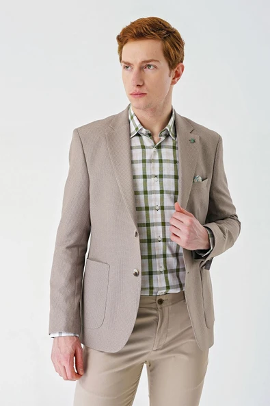 Bej Örme Mono Yaka Çift Yırtmaç Likralı 6 Drop Slim Fit Dar Kesim Klasik Ceket 1002240138 - Resim 3