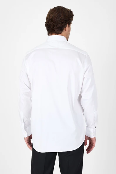 Beyaz Sert Yaka Düz Classic %100 Pamuk Comfort Fit Gömlek 1004250323 - Resim 5