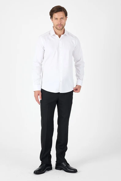 Beyaz Uzun Kol Sert Yaka Cepsiz  Slim Fit %100 Pamuk Gömlek 1004250266 - Resim 2