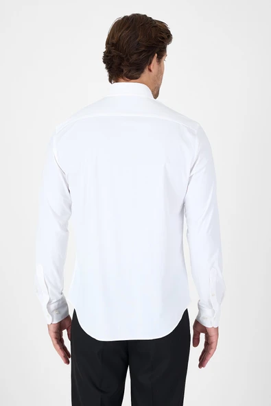 Beyaz Uzun Kol Düğmeli Yaka Cepsiz Performans Ürün Slim Fit  Gömlek 1004250270 - Resim 2