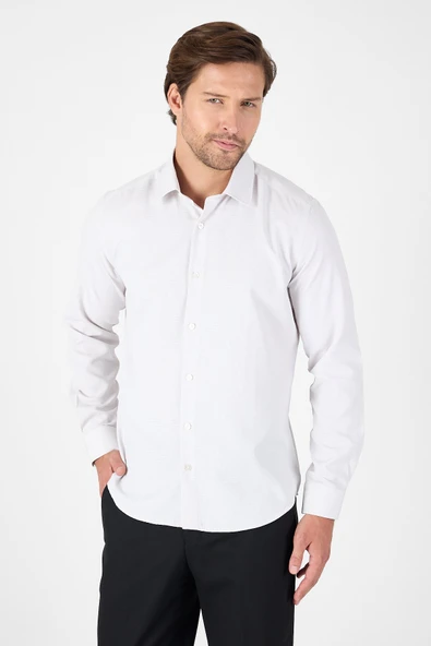 Bej Uzun Kol Sert Yaka Cepsiz  Slim Fit Pamuklu Gömlek 1004250225 - Resim 3