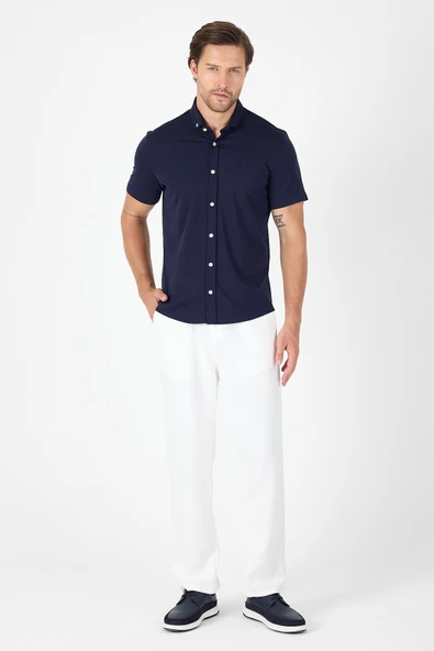 Koyu Lacivert Kısa Kol Düğmeli Yaka Cepsiz Performans Ürün Slim Fit  Gömlek 1004250256 - Resim 2