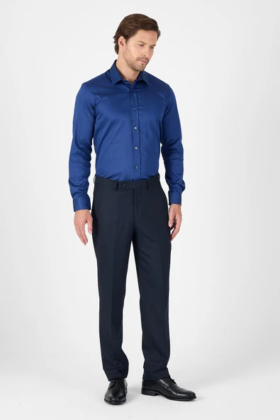 Lacivert Sert Yaka Düz Classic %100 Pamuk Slim Fit Gömlek 1004250324 - Resim 4