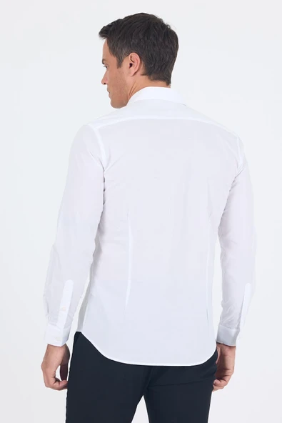Beyaz Uzun Kol Filafil Desen Filafil Sert Yaka Cepsiz Pamuklu Basic Slim Fit Gömlek 1004250008_600 - Resim 4
