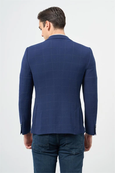 Koyu Lacivert Kareli Mono Yaka Likralı 6 Drop Ekstra Slim Fit Casual Ceket 1002240156 - Resim 6