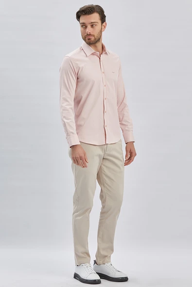 Somon Uzun Kollu Sert Yaka Cepsiz Pamuklu Likralı Klasik Slim Fit Dar Kesim Gömlek 1004240234 - Resim 2