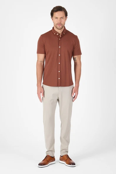 Kiremit Kısa Kol Düğmeli Yaka Cepsiz Performans Ürün Slim Fit  Gömlek 1004250256 - Resim 2
