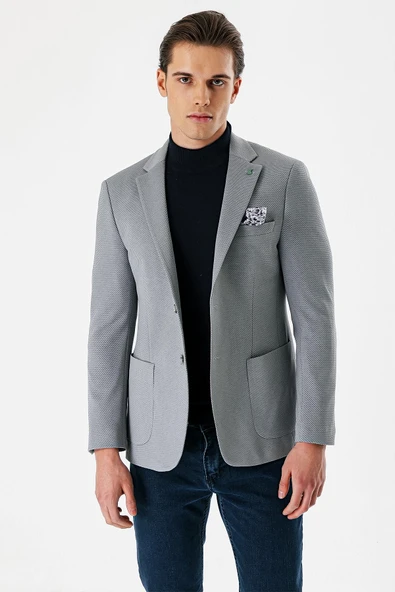 Gri Desenli Mono Yaka Astarlı Çift Yırtmaç 6 Drop Slim Fit Dar Kesim Klasik Ceket 1002240150 - Resim 3