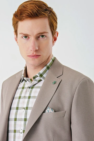 Bej Örme Mono Yaka Çift Yırtmaç Likralı 6 Drop Slim Fit Dar Kesim Klasik Ceket 1002240138 - Resim 6