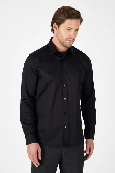 Siyah Sert Yaka Düz Classic %100 Pamuk Slim Fit Gömlek 1004250324 - Resim 3