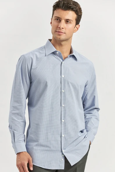 Koyu Lacivert Uzun Kol Kendinden 041 Classic Comfort Fit Gömlek 1004240256 - Resim 4