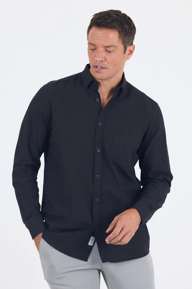 Siyah Uzun Kol Düz Armür Oval Yaka Casual Comfort Fit Gömlek 1004250249 - Resim 3