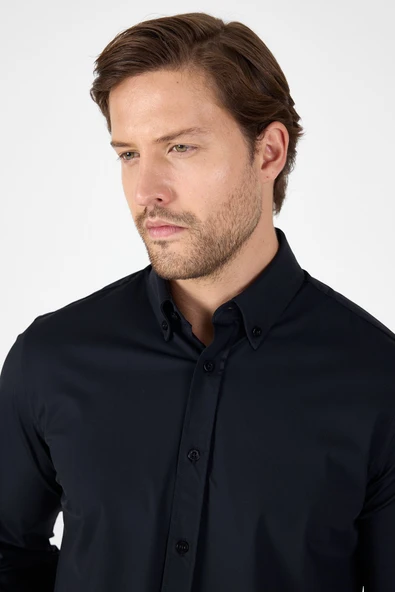 Siyah Uzun Kol Düğmeli Yaka Cepsiz Performans Ürün Slim Fit  Gömlek 1004250270 - Resim 4