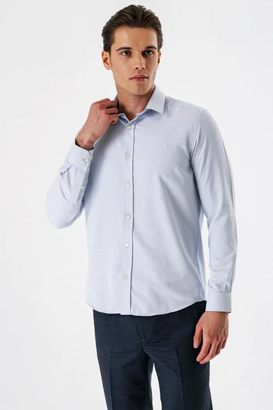 Koyu Lacivert Uzun Kollu Armürlü Cepsiz Pamuklu Slim Fit Gömlek 1004235171 - Resim 2