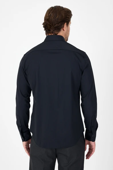 Siyah Uzun Kol Düğmeli Yaka Cepsiz Performans Ürün Slim Fit  Gömlek 1004250270 - Resim 5